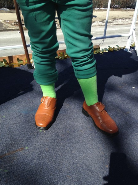 Leprechaun socks and shoes complete our float king's ensemble.
